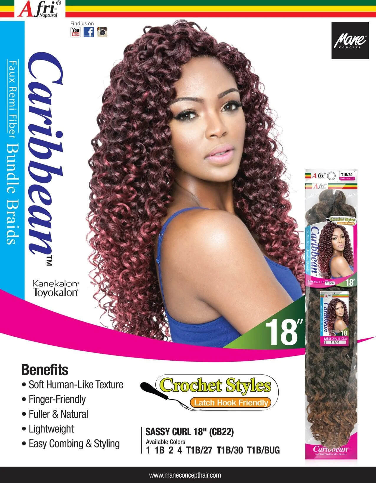 Mane Concept Mane Concept Afri-Naptural Caribbean Sassy Curl Crochet Braid Kanekalon + Toyokalon Fiber 18"